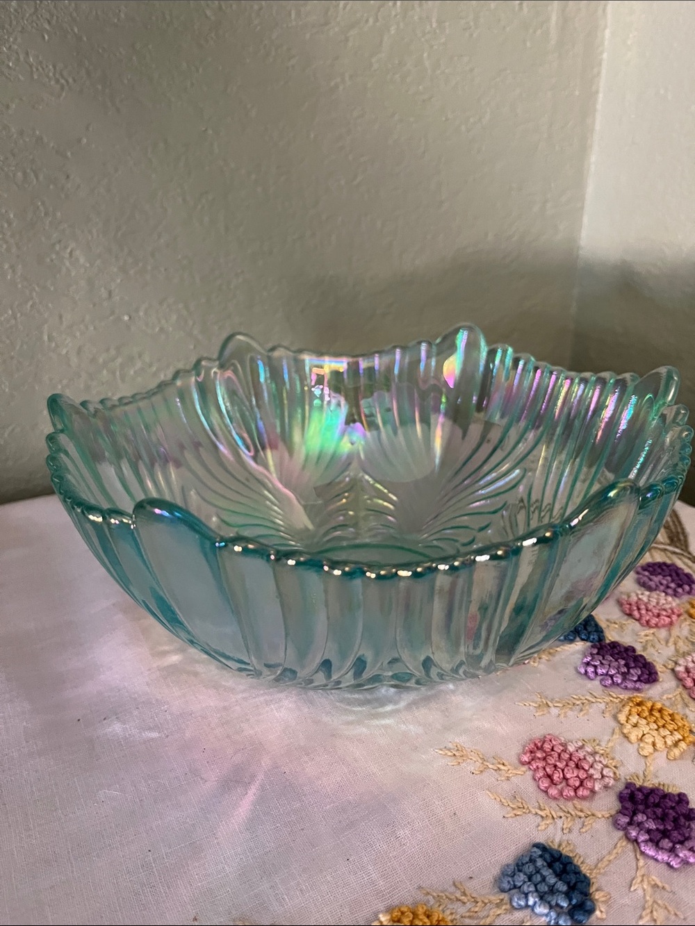 Authentic Fenton Celeste Blue Iridescent Scroll & Eye Bowl – Vintage Mid-Century